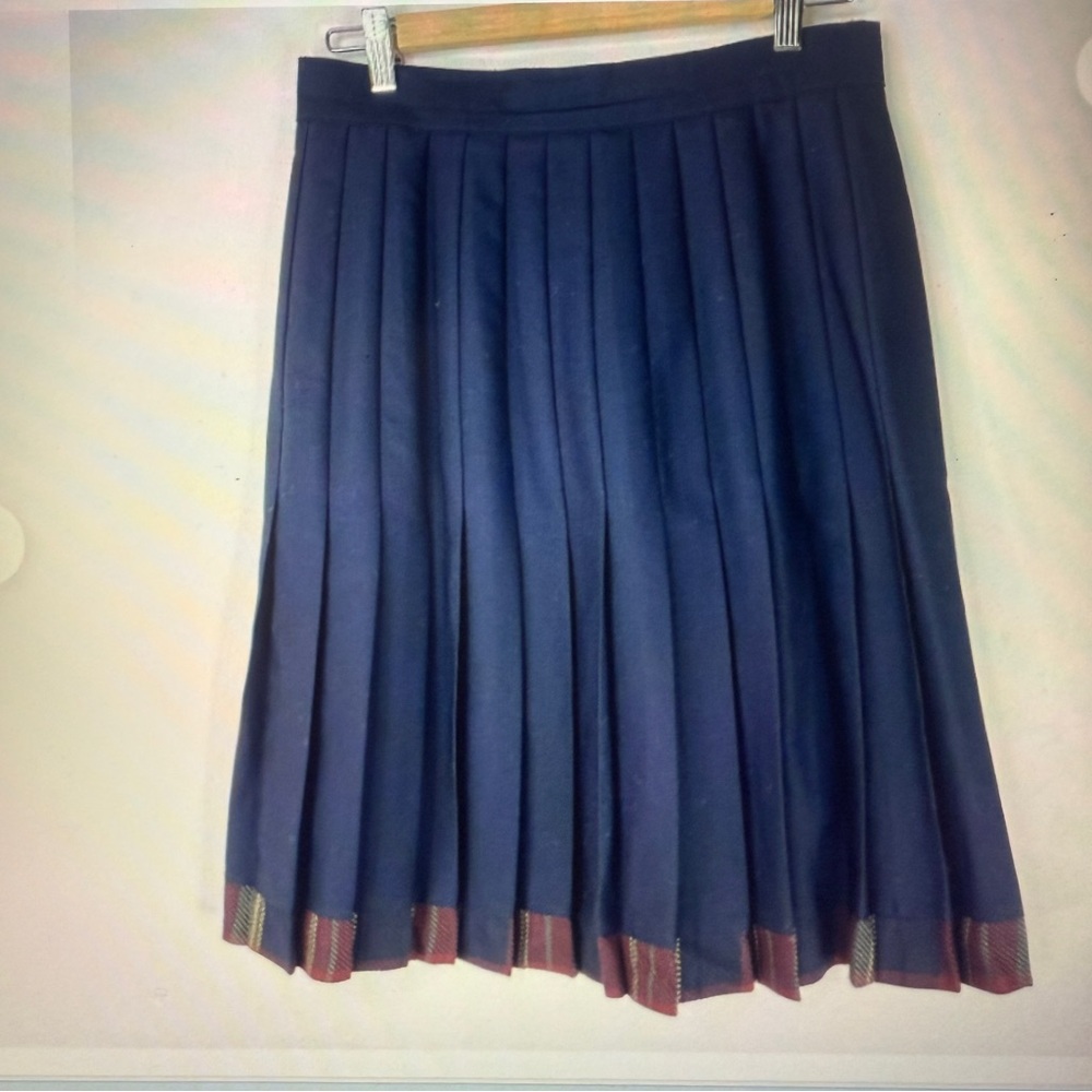 BIANCA Vintage Women Pleated Navy Blue Pure Virgin Wool Skirt Size 10